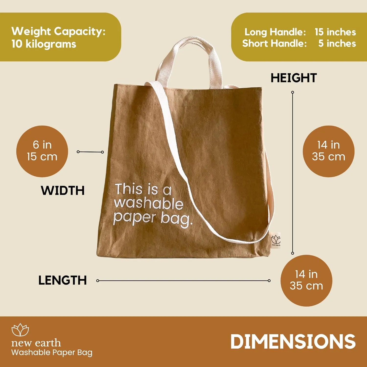 Reusable Grocery Tote Bag with Handles  Lightweight, Reusable Shopping Bags with Magnetic Closure, Washable & Durable Womens Travel Tote, Eco-friendly, Replaces Single-Use Bags by New Earth, Brown
