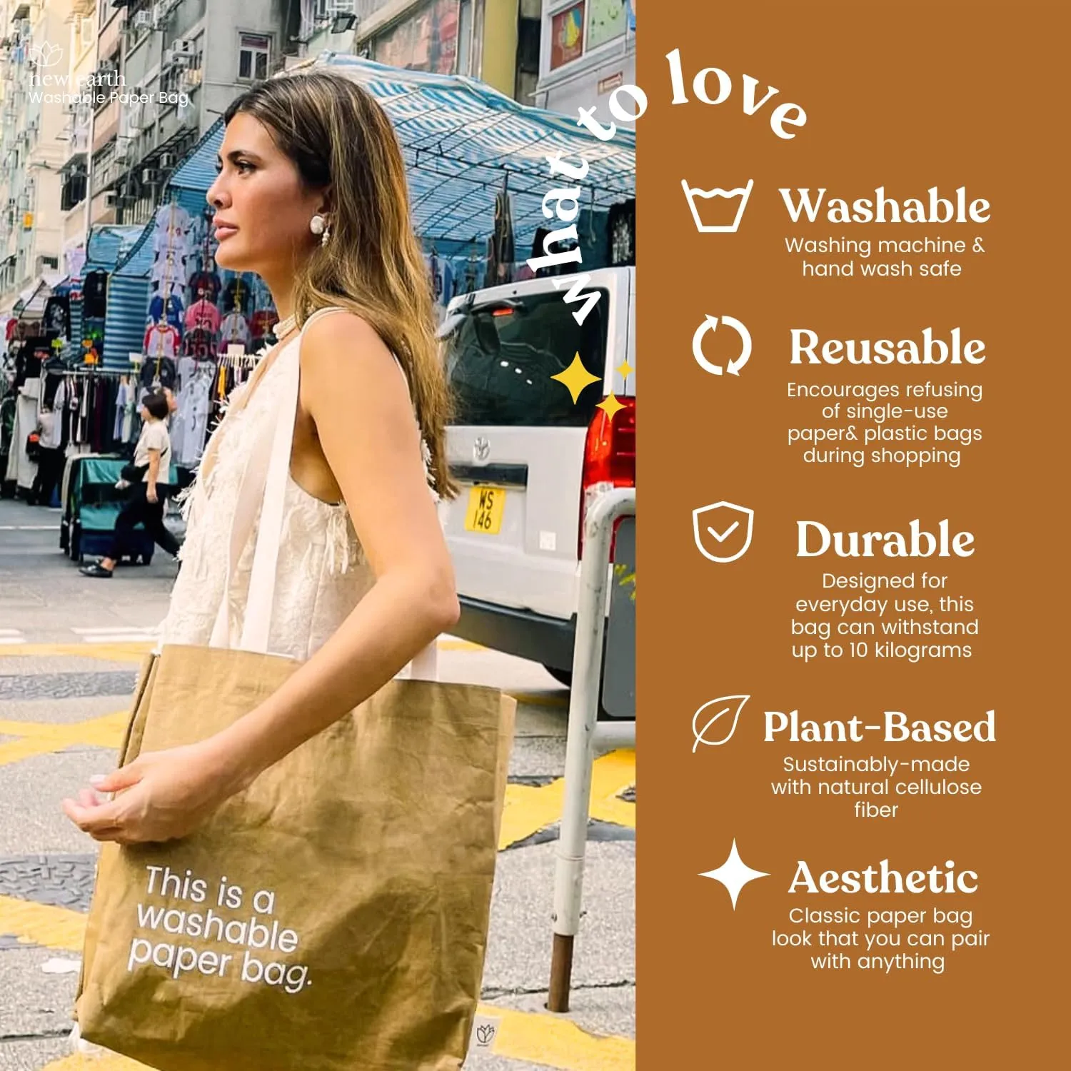 Reusable Grocery Tote Bag with Handles  Lightweight, Reusable Shopping Bags with Magnetic Closure, Washable & Durable Womens Travel Tote, Eco-friendly, Replaces Single-Use Bags by New Earth, Brown
