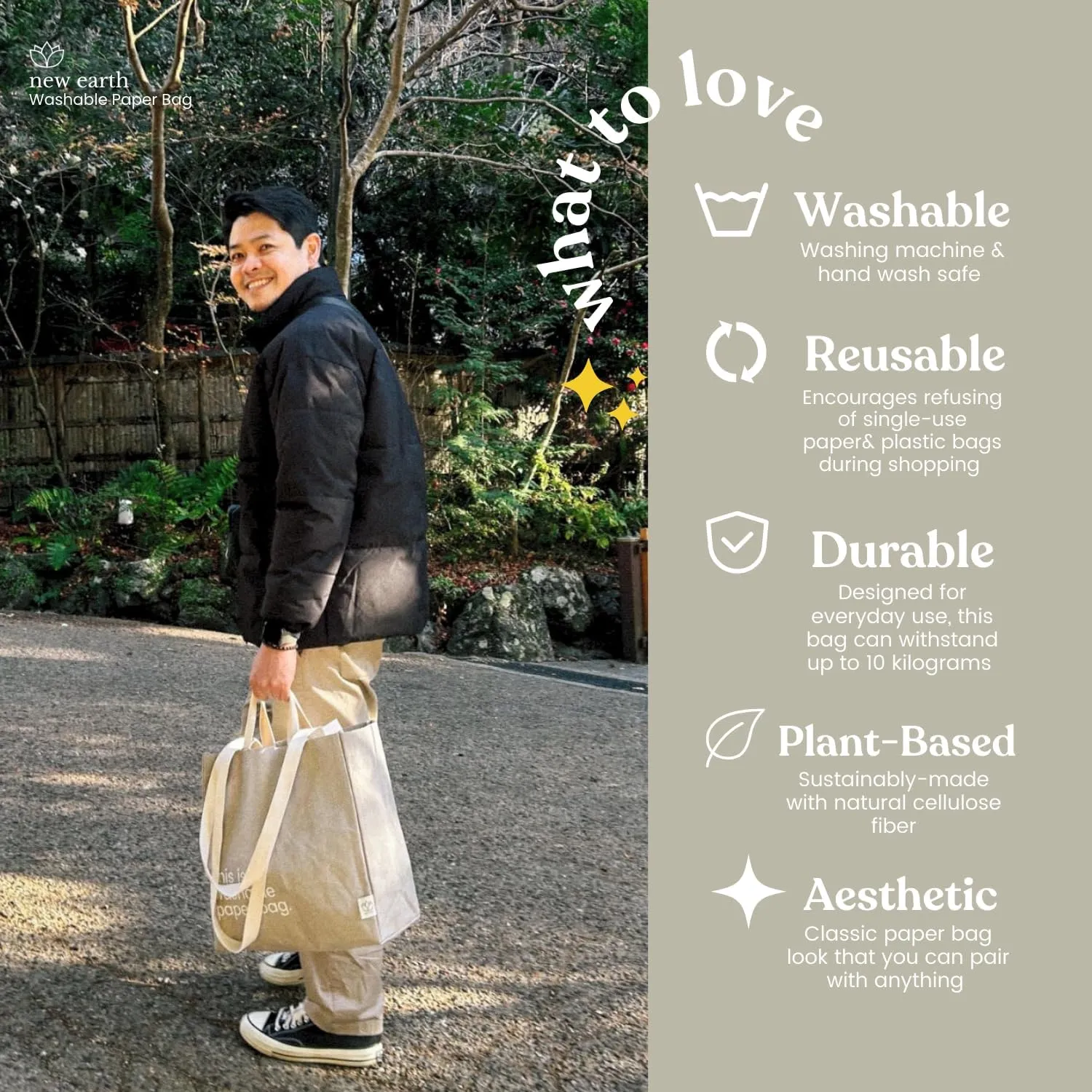 Reusable Grocery Tote Bag with Handles  Lightweight, Reusable Shopping Bags with Magnetic Closure, Washable & Durable Womens Travel Tote, Eco-friendly, Replaces Single-Use Bags by New Earth, Grey