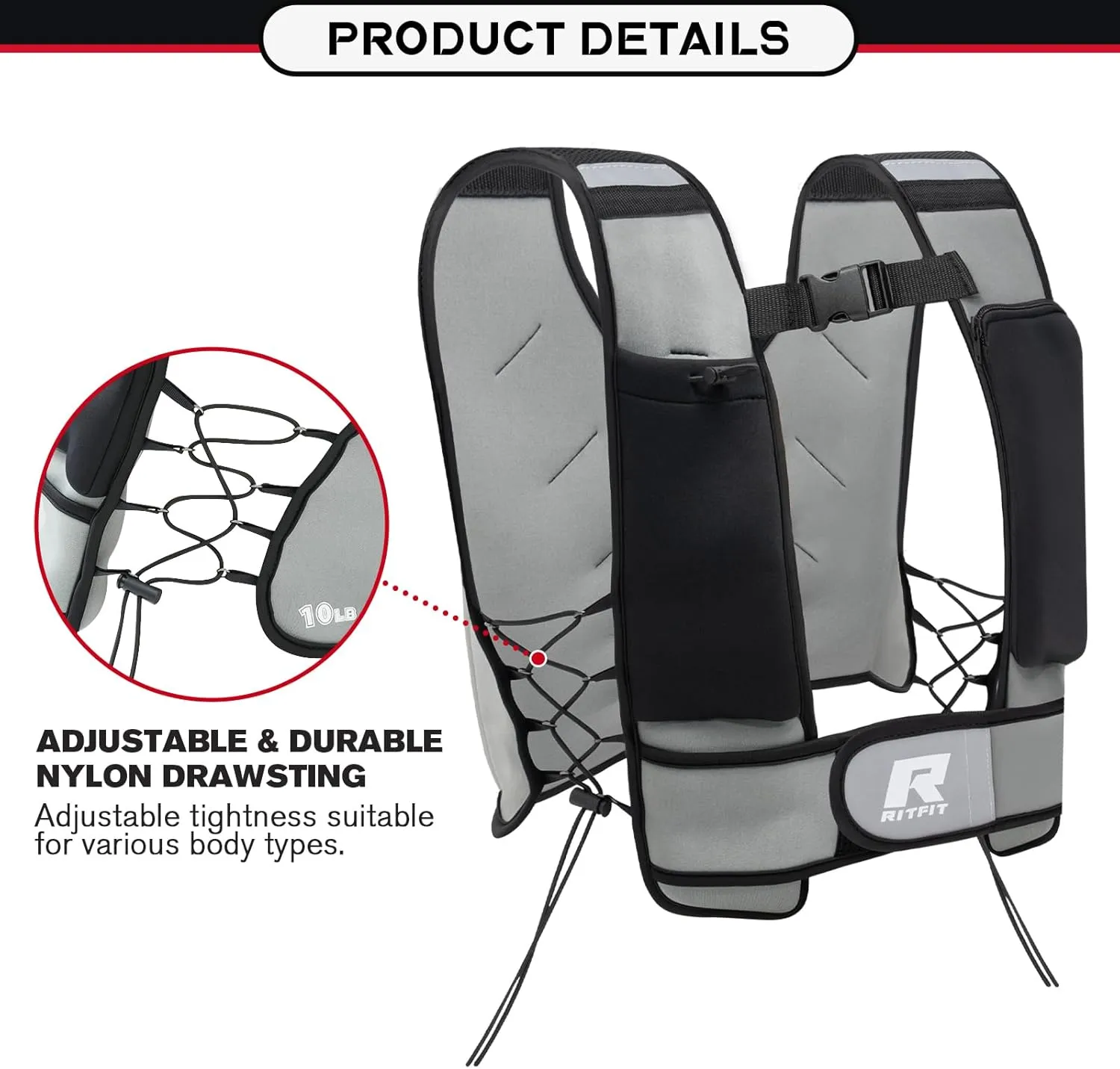 RitFit Weighted Vest 8 10 20 Lbs for Men & Women with Adjustable Straps and Reflective Strips, Body Weight Vest for Strength Training and Muscle Building, Neoprene Fabric