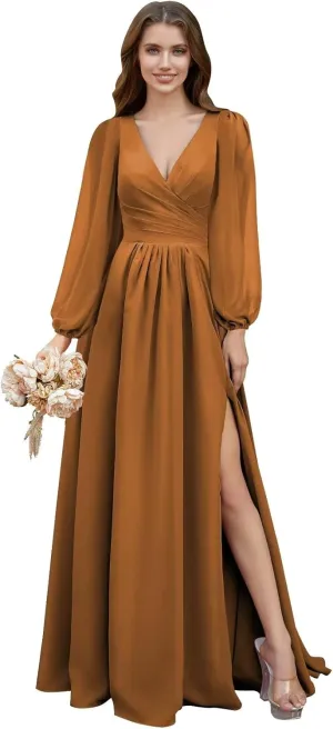 Rjer V Neck Chiffon Bridesmaid Dresses with Slit Long Lantern Sleeves Pleated Maxi Formal Party Gowns