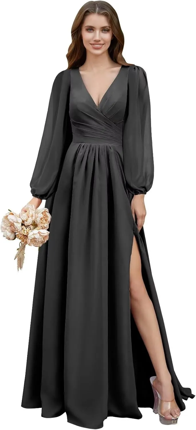 Rjer V Neck Chiffon Bridesmaid Dresses with Slit Long Lantern Sleeves Pleated Maxi Formal Party Gowns