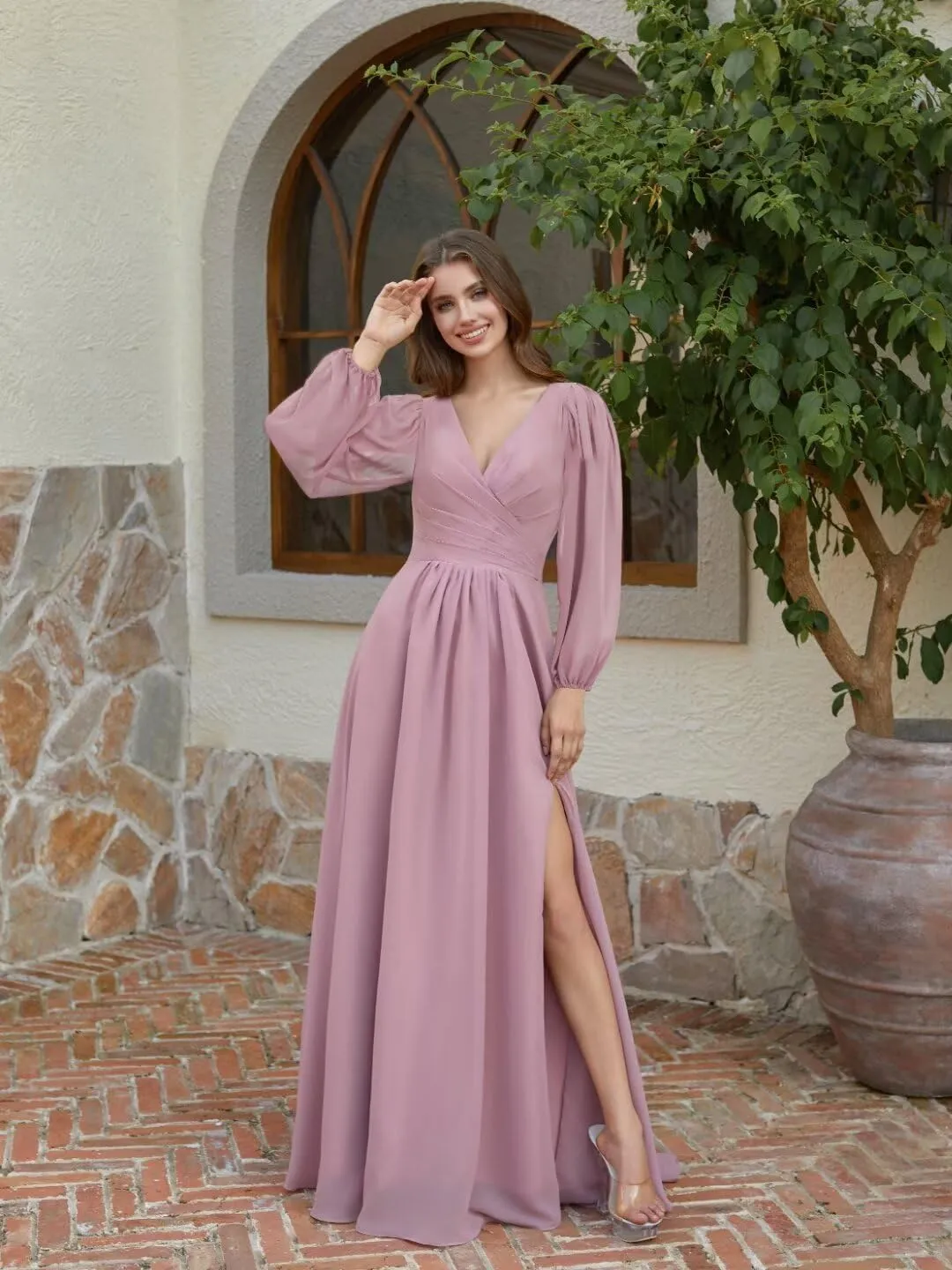 Rjer V Neck Chiffon Bridesmaid Dresses with Slit Long Lantern Sleeves Pleated Maxi Formal Party Gowns
