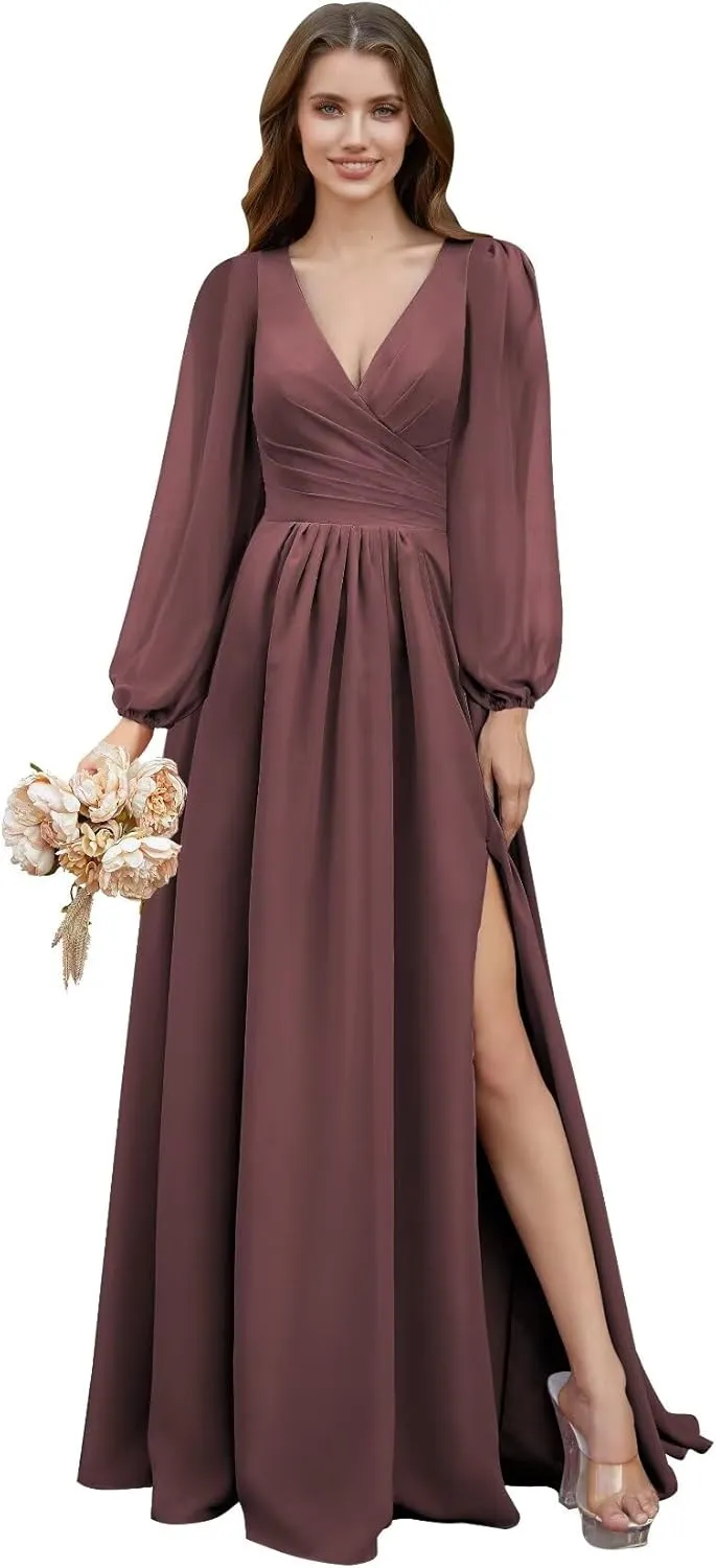 Rjer V Neck Chiffon Bridesmaid Dresses with Slit Long Lantern Sleeves Pleated Maxi Formal Party Gowns