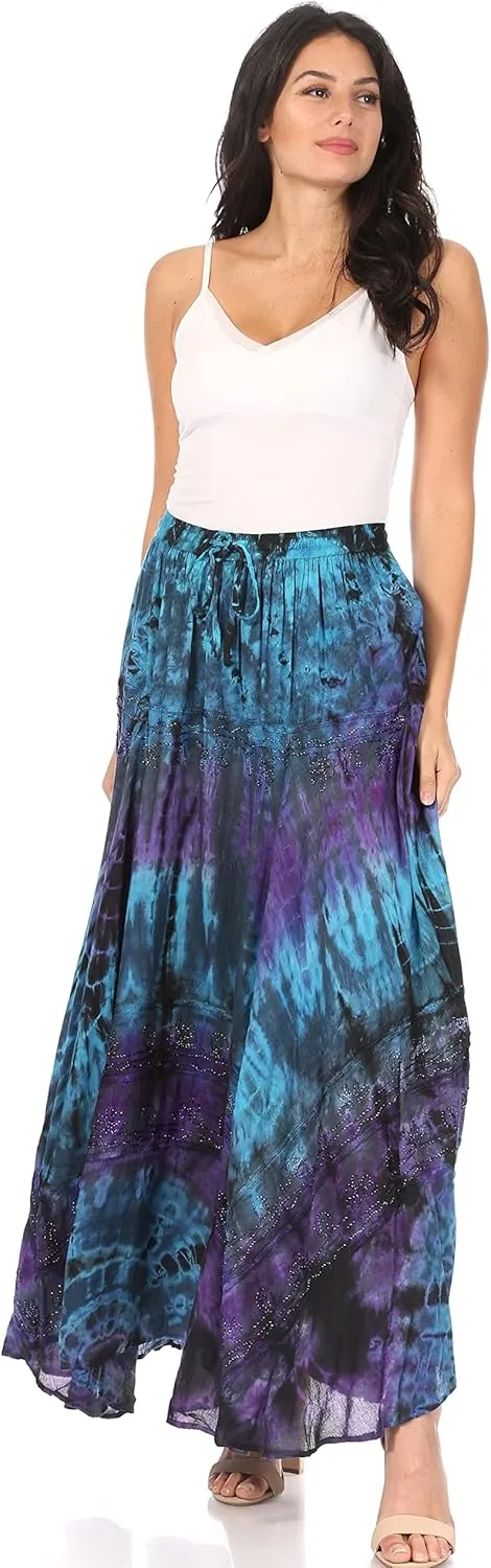 Sakkas Ester Womens Simple Boho Maxi Full Circle Tie-dye Skirt with Elastic Waist