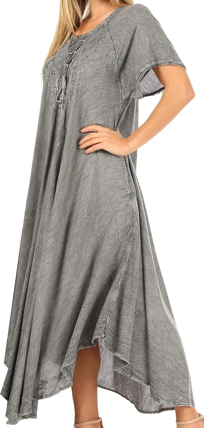 Sakkas Lilia Embroidered Lace Up Bodice Relaxed Fit Maxi Sun Dress