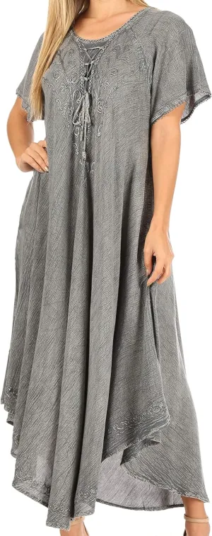 Sakkas Lilia Embroidered Lace Up Bodice Relaxed Fit Maxi Sun Dress
