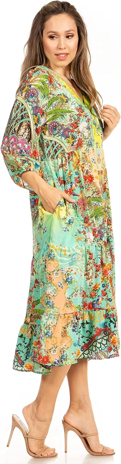 Sakkas Sole Women's Casual Boho Floral Print V Neck Swing Long Sleeve Dress Midi