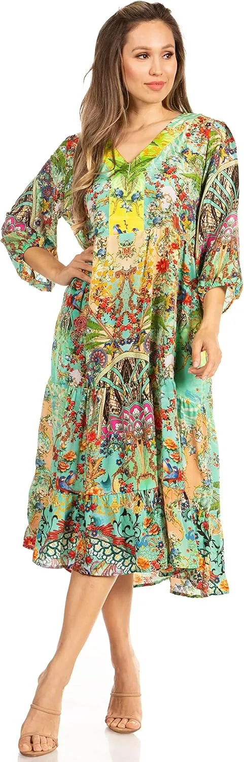 Sakkas Sole Women's Casual Boho Floral Print V Neck Swing Long Sleeve Dress Midi