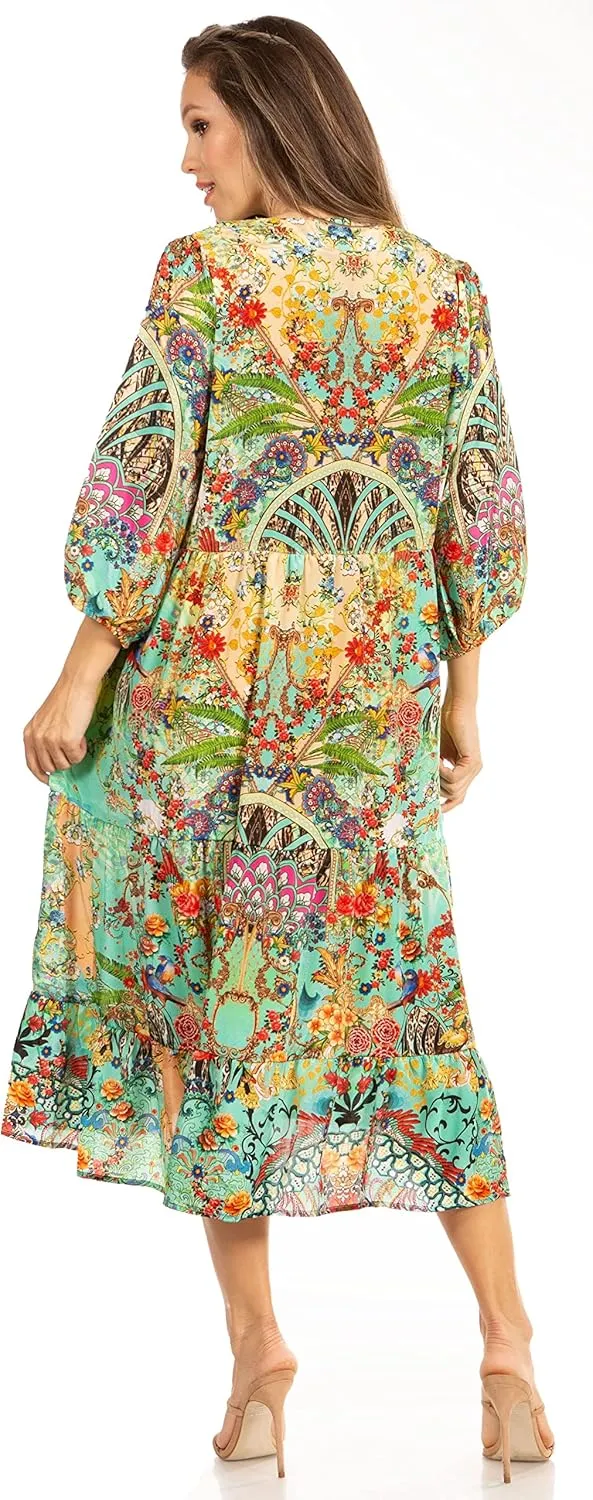 Sakkas Sole Women's Casual Boho Floral Print V Neck Swing Long Sleeve Dress Midi