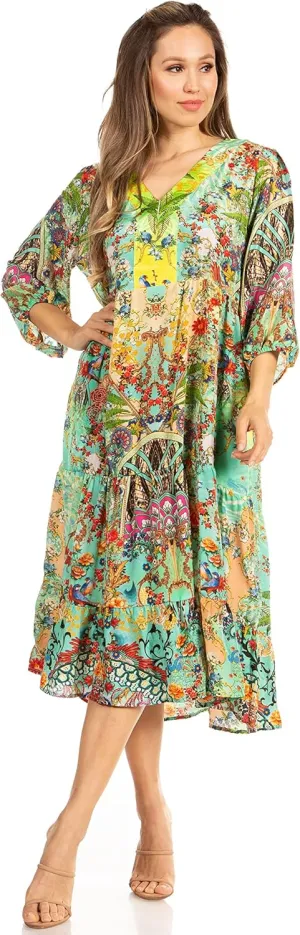Sakkas Sole Women's Casual Boho Floral Print V Neck Swing Long Sleeve Dress Midi