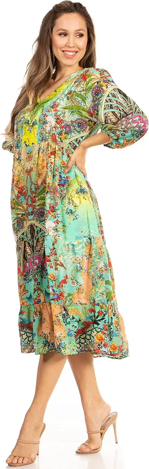Sakkas Sole Women's Casual Boho Floral Print V Neck Swing Long Sleeve Dress Midi