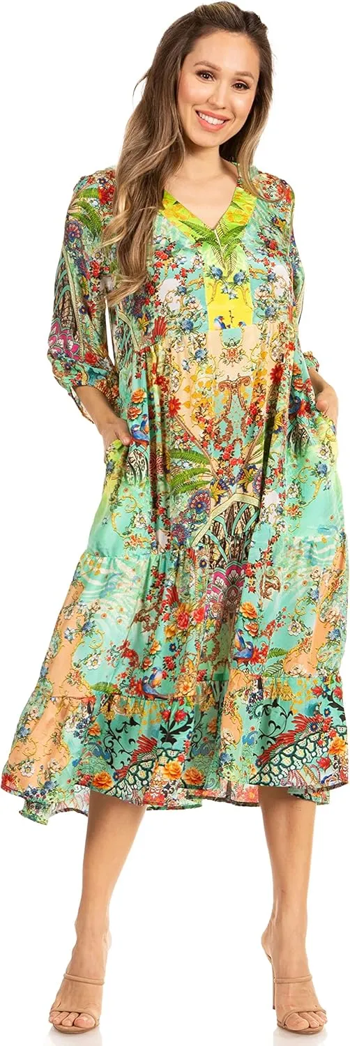 Sakkas Sole Women's Casual Boho Floral Print V Neck Swing Long Sleeve Dress Midi