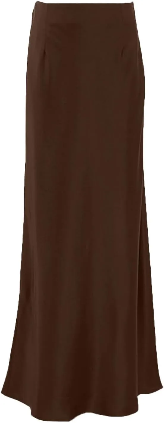 Satin Maxi Skirt for Women High Waist Silky Elegant Zipper Ankle Length Slim Solid Color Bodycon Fishtail Skirts