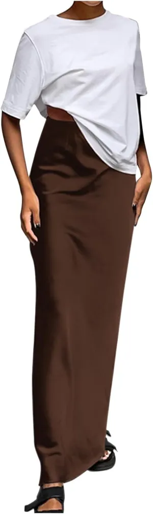 Satin Maxi Skirt for Women High Waist Silky Elegant Zipper Ankle Length Slim Solid Color Bodycon Fishtail Skirts
