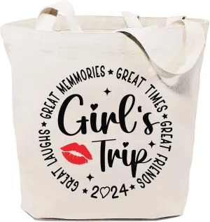 SAUIVD Girl's Trip 2024 Tote Bag for Women Funny Girls Travel Vacations Cotton Shoulder Bag Shopping Reusable Grocery Bags