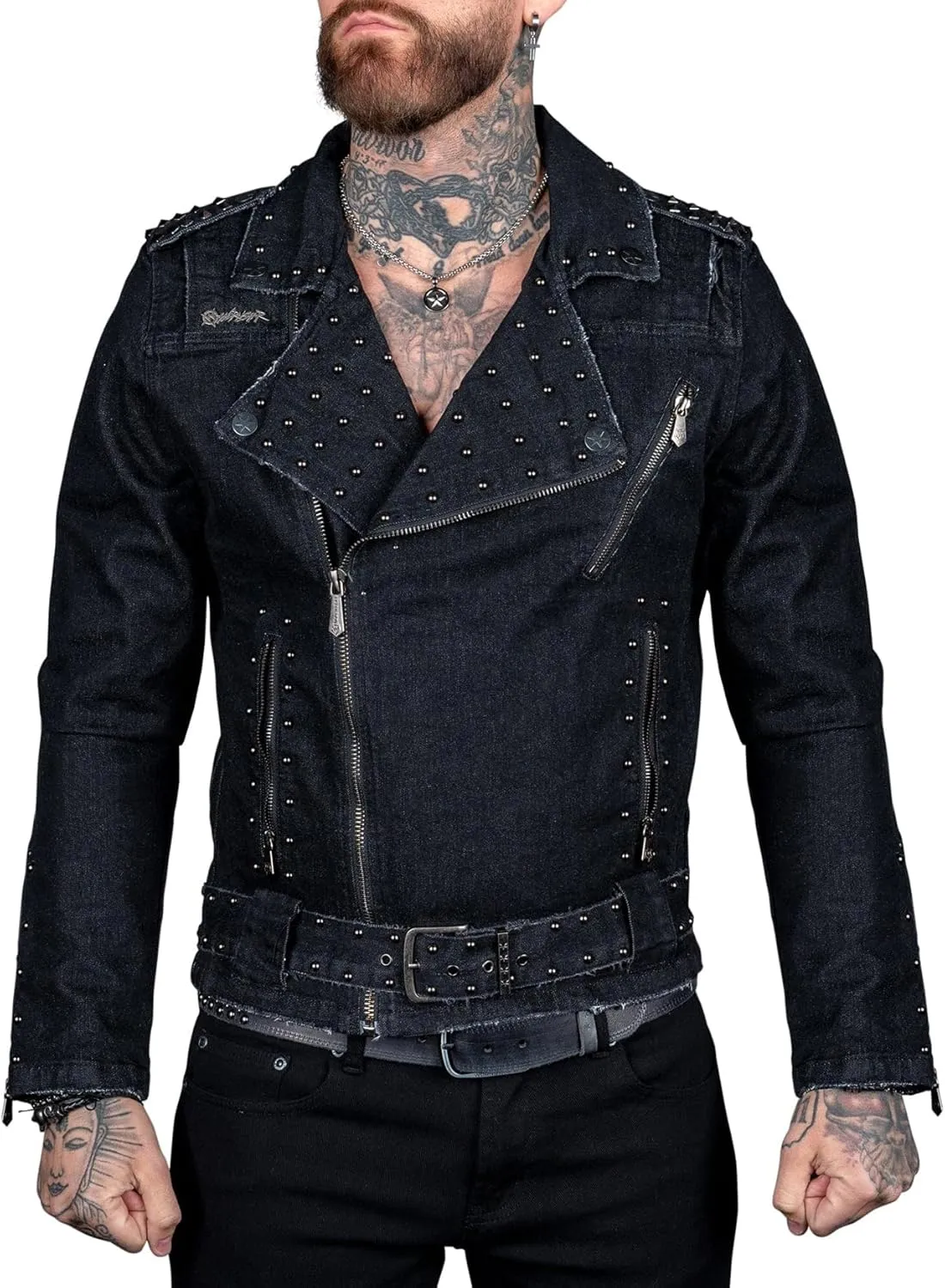 SCOFEEL Men's Denim Jacket Punk Rock Long Sleeve V Neck Zip Up Slim Fit Jean Jacket with Pockets