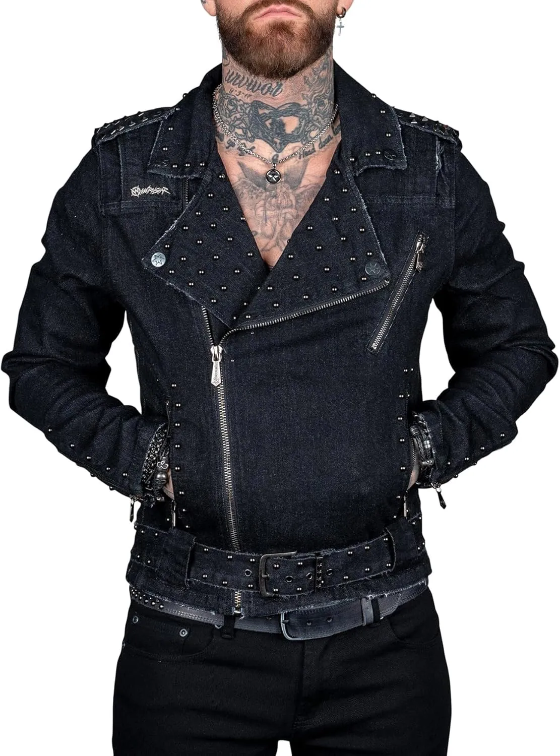 SCOFEEL Men's Denim Jacket Punk Rock Long Sleeve V Neck Zip Up Slim Fit Jean Jacket with Pockets