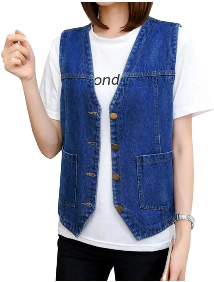 SCOFEEL Women's Sleeveless Jean Jacket Button Down V-Neck Washed Denim Vests