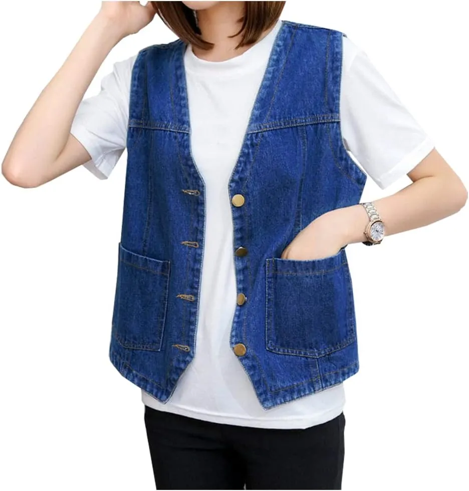 SCOFEEL Women's Sleeveless Jean Jacket Button Down V-Neck Washed Denim Vests