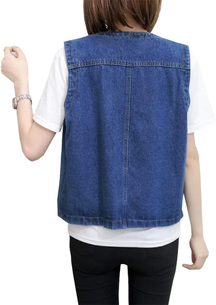 SCOFEEL Women's Sleeveless Jean Jacket Button Down V-Neck Washed Denim Vests