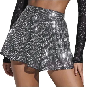 Sequin Sparkle Shorts for Women with Liner Pleated Y2K Flowy Shorts High Waisted Night Out Cute Party Mini Skort