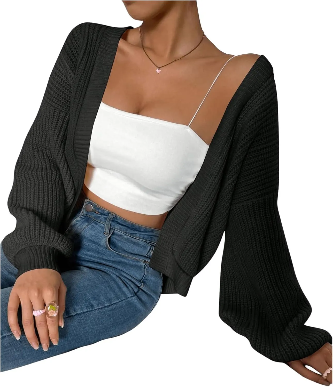 SHENHE Women's Color Block Open Front Long Sleeve Ribbed Knit Cropped Cardigan Sweaters