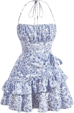 SHENHE Women's Gingham Floral Halter Mini Dress Layered Ruffle Hem Flowy Bow Sundress