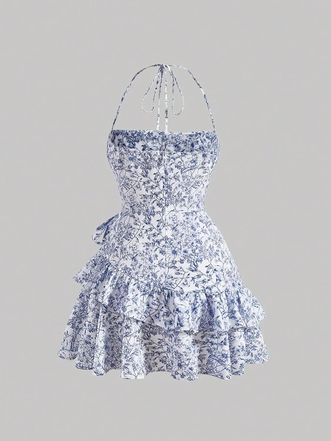 SHENHE Women's Gingham Floral Halter Mini Dress Layered Ruffle Hem Flowy Bow Sundress