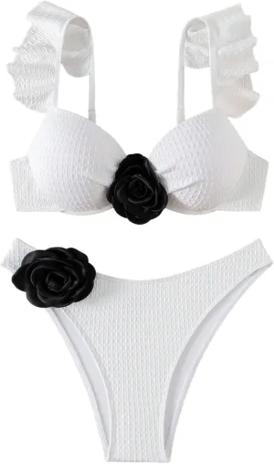 SHENHE Women's Push Up Swimsuit 3D Flower High Cut Ruffle Trim Textured Bikini Set