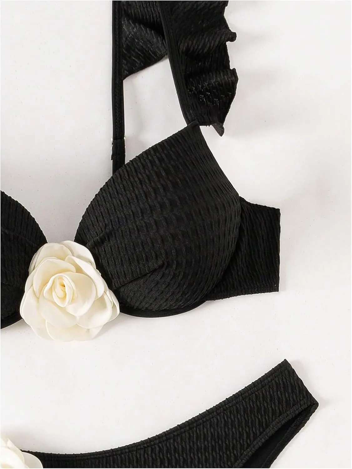 SHENHE Women's Push Up Swimsuit 3D Flower High Cut Ruffle Trim Textured Bikini Set