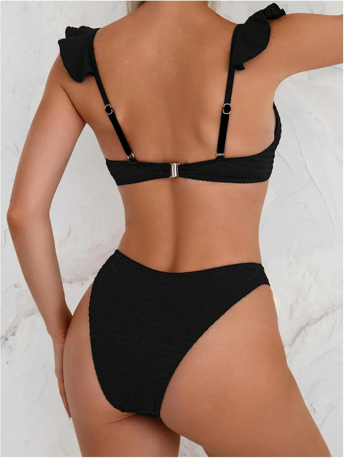 SHENHE Women's Push Up Swimsuit 3D Flower High Cut Ruffle Trim Textured Bikini Set
