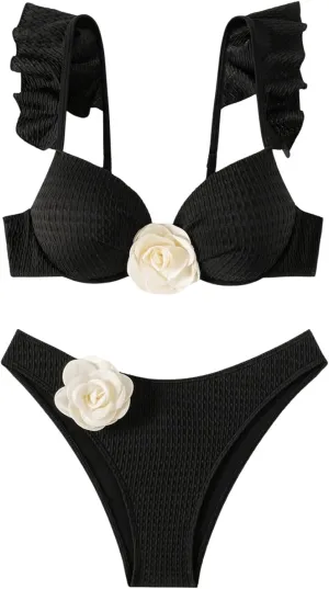 SHENHE Women's Push Up Swimsuit 3D Flower High Cut Ruffle Trim Textured Bikini Set