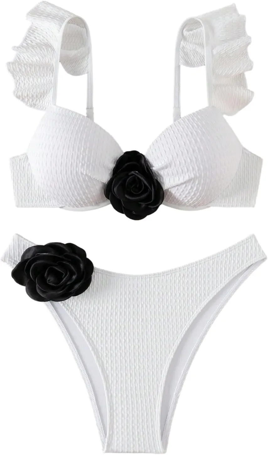SHENHE Women's Push Up Swimsuit 3D Flower High Cut Ruffle Trim Textured Bikini Set