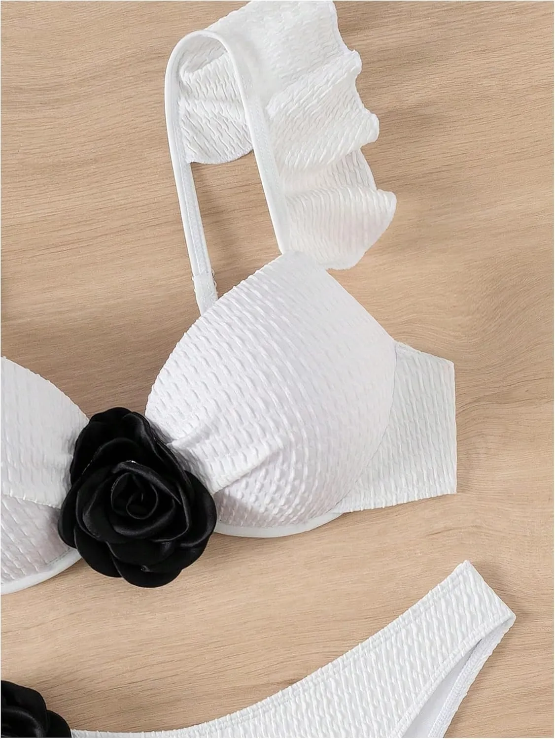 SHENHE Women's Push Up Swimsuit 3D Flower High Cut Ruffle Trim Textured Bikini Set