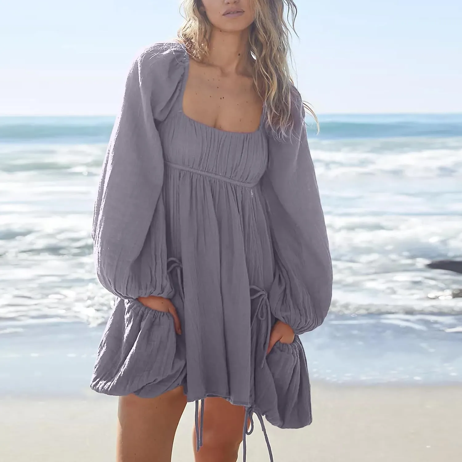 Shiyifa Women's Summer Mini Dress Casual Square Neck Long Sleeves Loose Sundress with Pockets