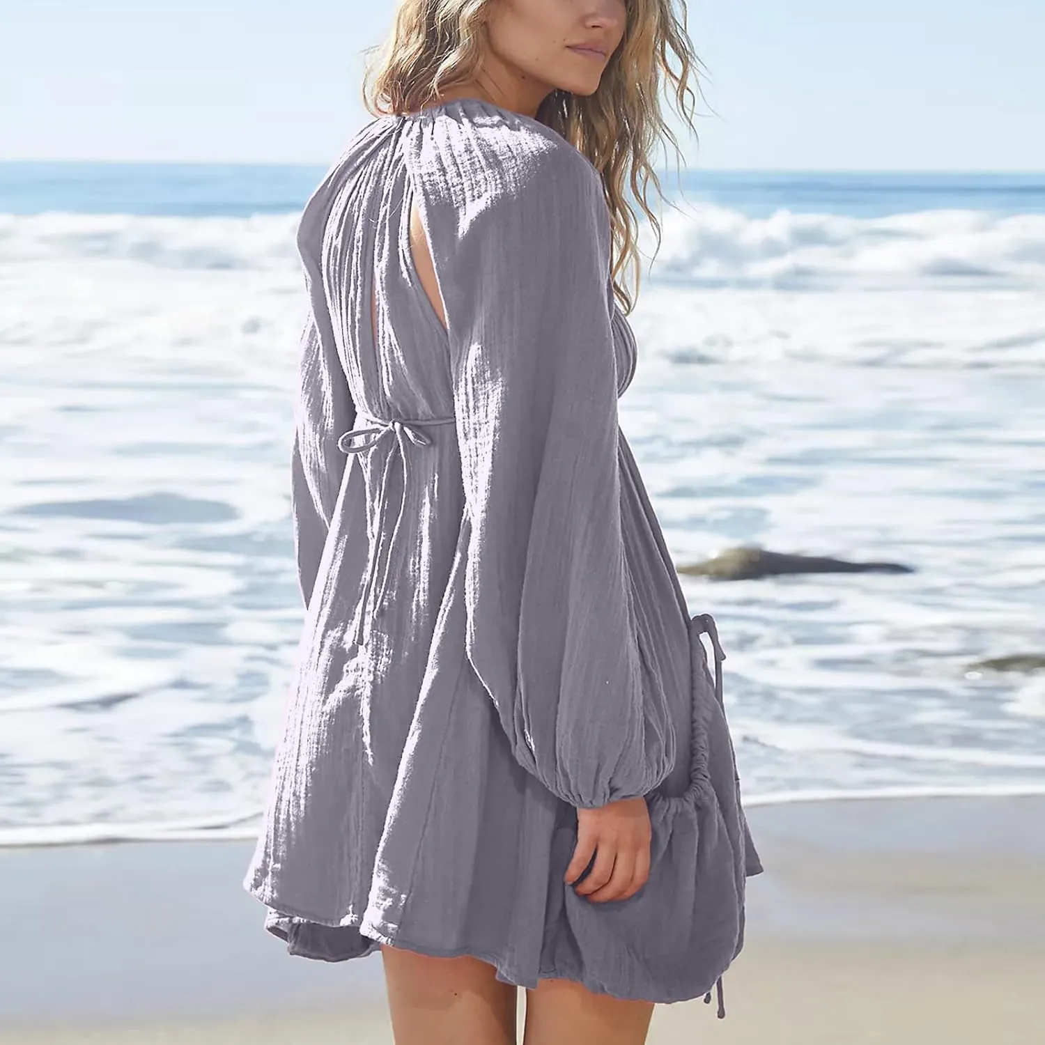 Shiyifa Women's Summer Mini Dress Casual Square Neck Long Sleeves Loose Sundress with Pockets