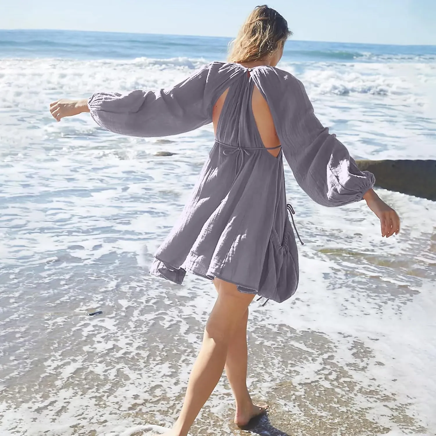 Shiyifa Women's Summer Mini Dress Casual Square Neck Long Sleeves Loose Sundress with Pockets