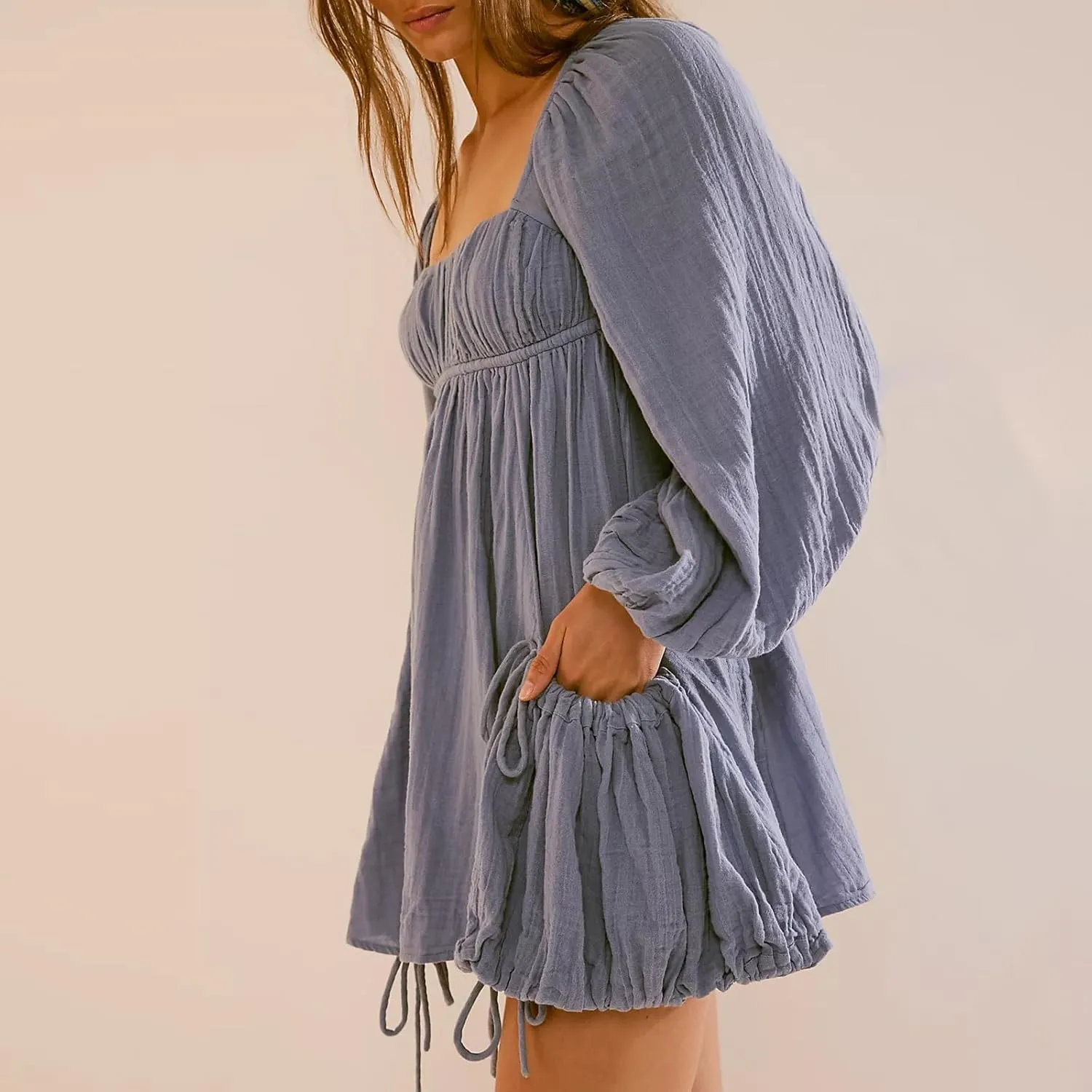 Shiyifa Women's Summer Mini Dress Casual Square Neck Long Sleeves Loose Sundress with Pockets