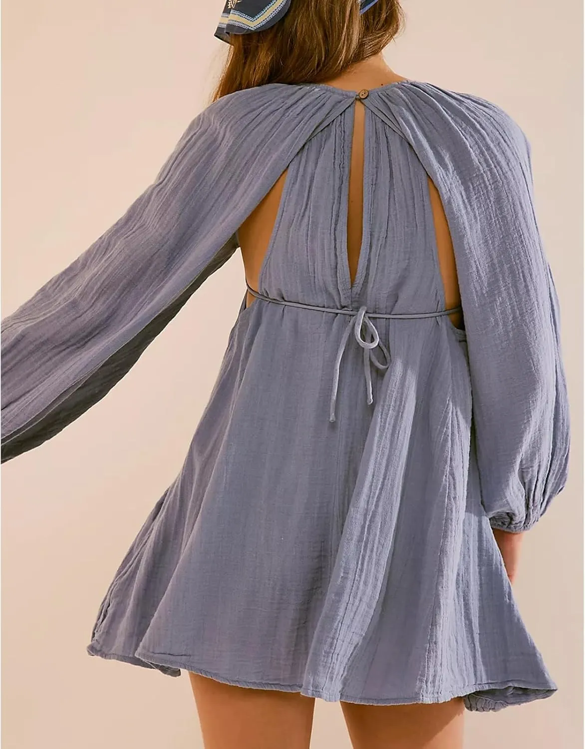 Shiyifa Women's Summer Mini Dress Casual Square Neck Long Sleeves Loose Sundress with Pockets
