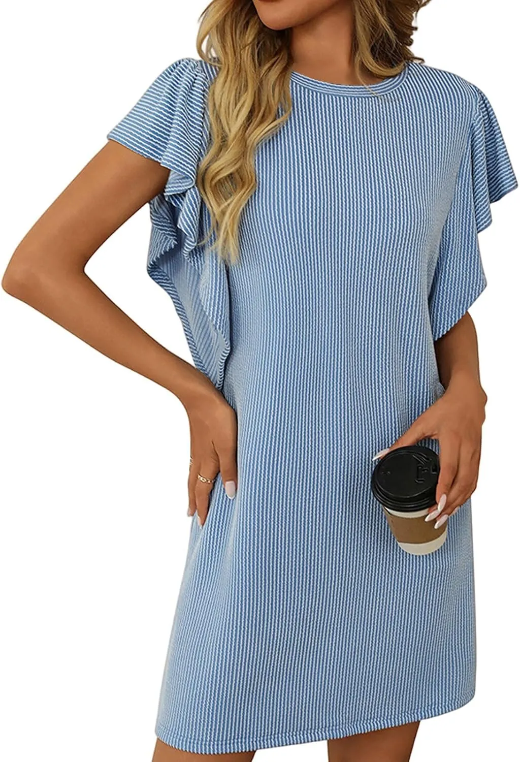 Short Dress for Women Summer Ribbed Shift Tunic Tshirt Dress Flowy Ruffle Sleeve Crew Neck Cute Mini Dress Sundresses