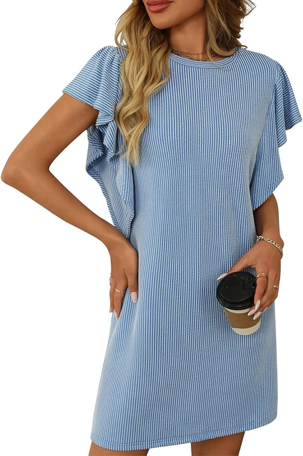 Short Dress for Women Summer Ribbed Shift Tunic Tshirt Dress Flowy Ruffle Sleeve Crew Neck Cute Mini Dress Sundresses
