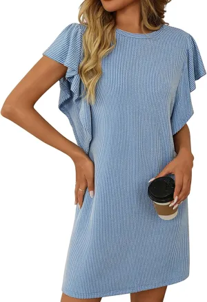 Short Dress for Women Summer Ribbed Shift Tunic Tshirt Dress Flowy Ruffle Sleeve Crew Neck Cute Mini Dress Sundresses