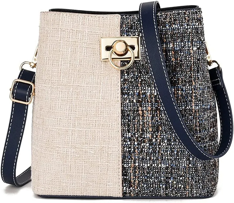 Shoulder Bags Leather Women Panelled Bucket Bag Shoulder Bag Crossbody Bag(Blue)