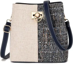 Shoulder Bags Leather Women Panelled Bucket Bag Shoulder Bag Crossbody Bag(Blue)