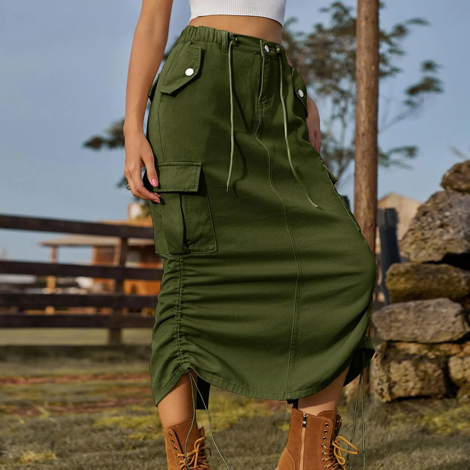 Skirts for Women Fall Winter Warm Straight Skirt High Waist Hip-Wrapped Skirt Casual Jean Cargo Skirts with Pocket