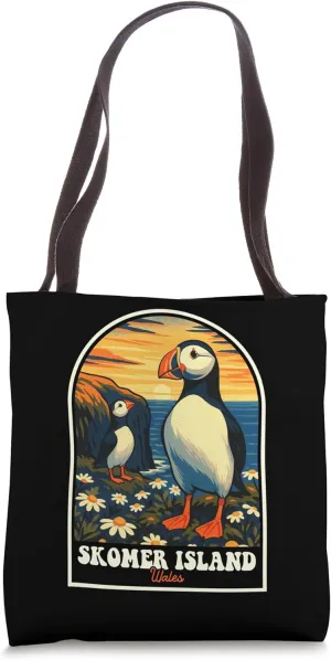 Skomer Island Puffins Vintage Wales Travel Design Tote Bag