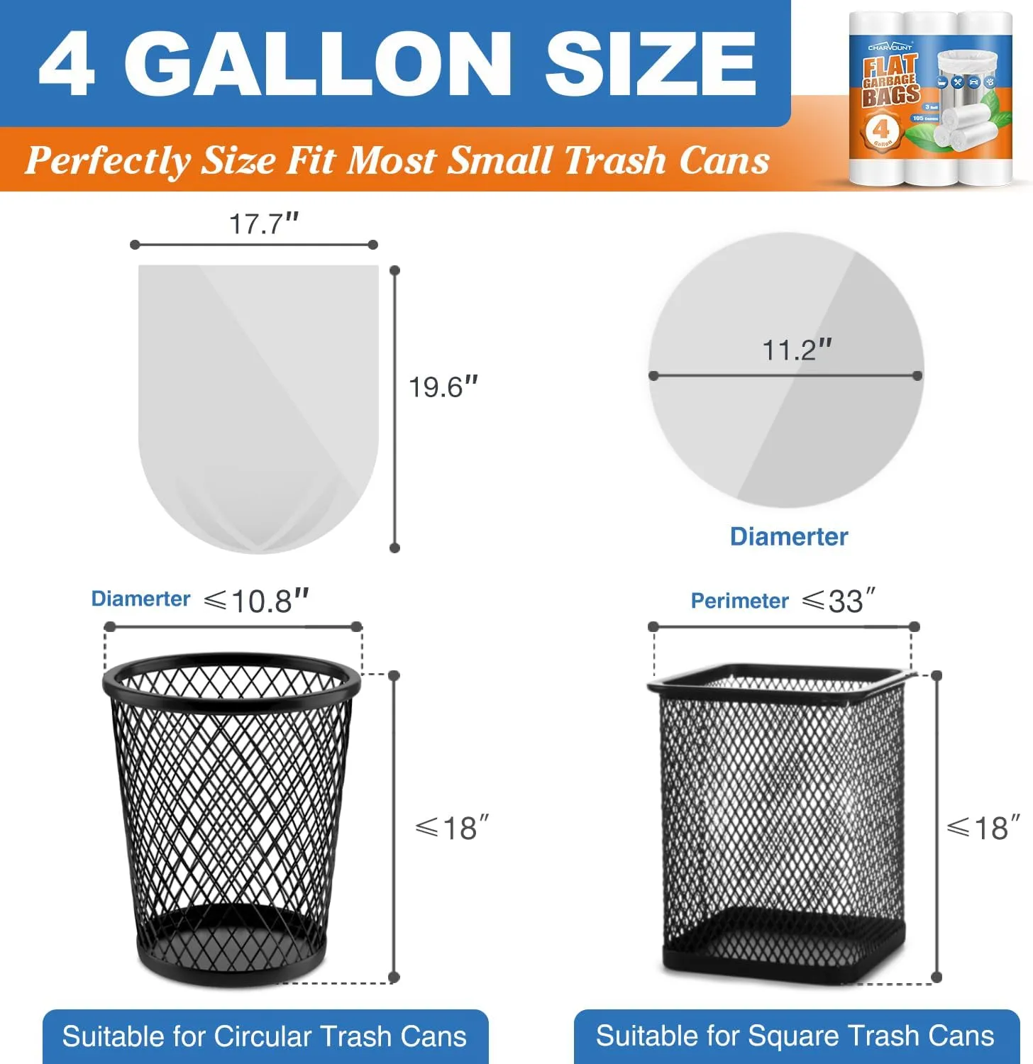 Small Trash Bags 4 Gallon, 105 Count Small Garbage Bags for Bathroom, Office, Kitchen Trash Can Mini Trash Bags for Wastebasket Bin Liner,15L,Unscented, White