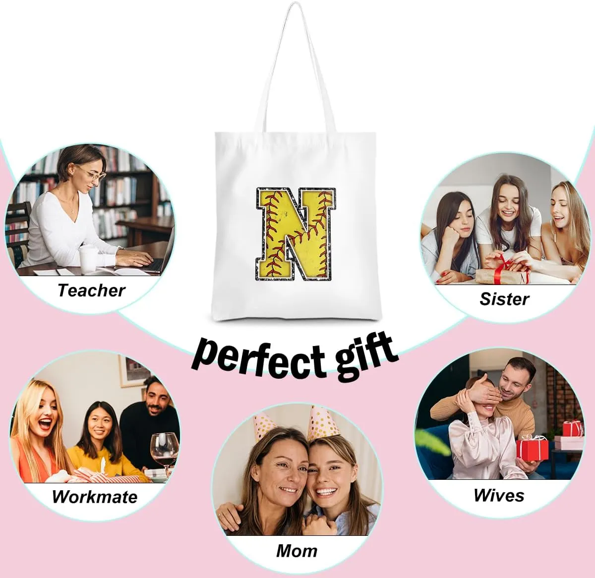 Softball Gifts Initial Tote Bag Reusable Grocery Bags Personalized Beach Bag Wedding Monogrammed Gifts for Women