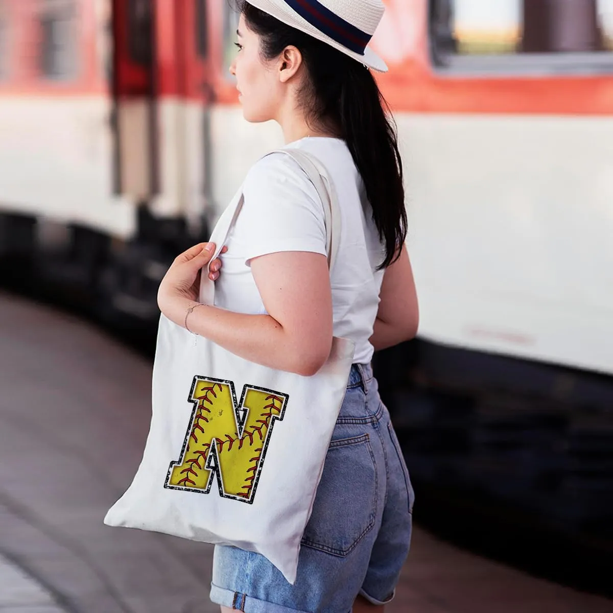 Softball Gifts Initial Tote Bag Reusable Grocery Bags Personalized Beach Bag Wedding Monogrammed Gifts for Women